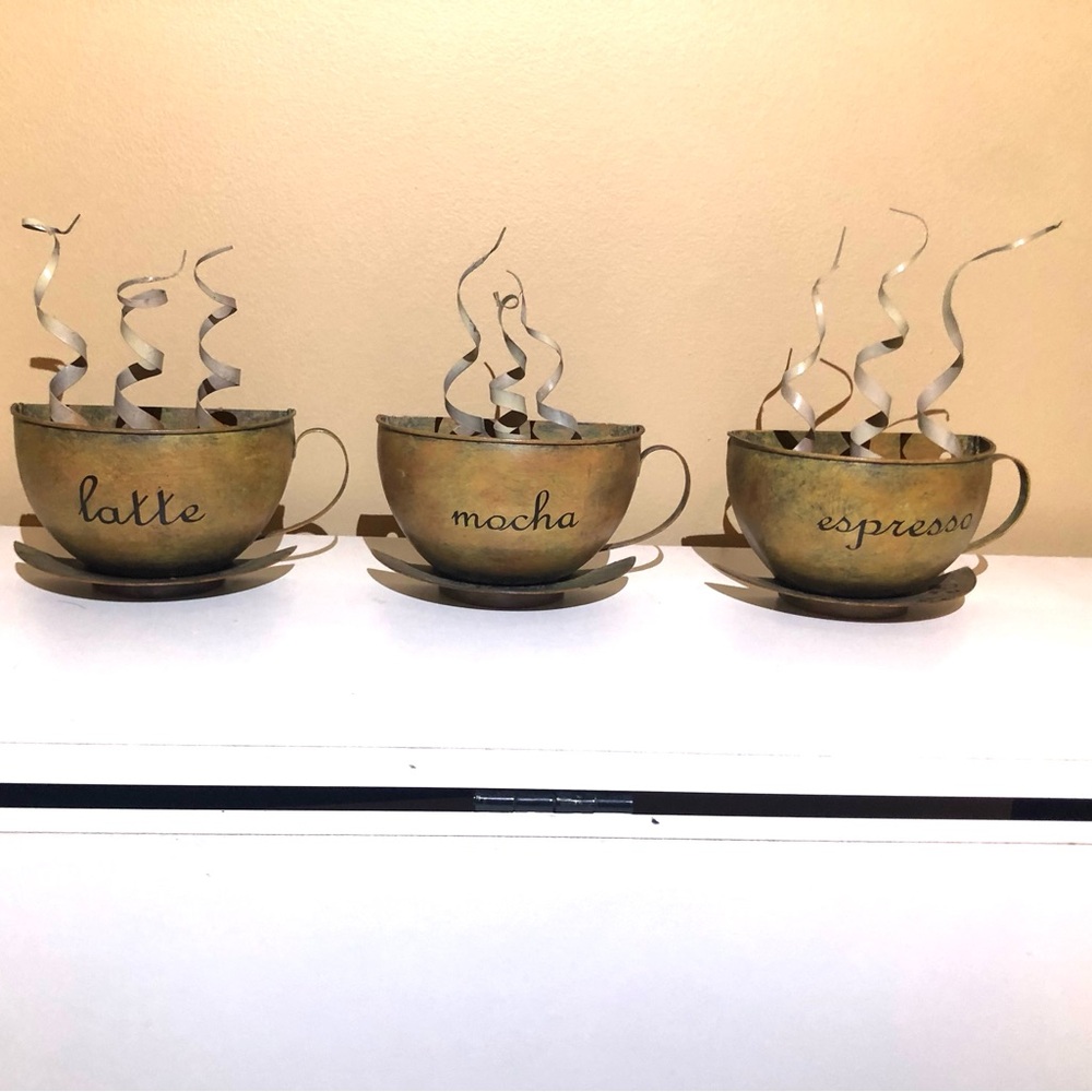 Set of 3 Coffee Motif Metal Wall or Table Decor with Steam Rising!